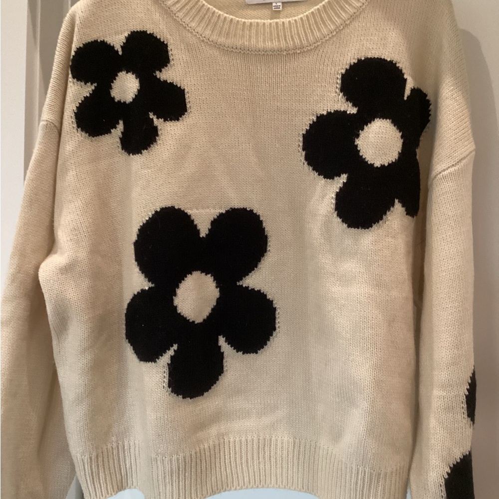 Cream and Black Crew Neck Sweater with Floral Design